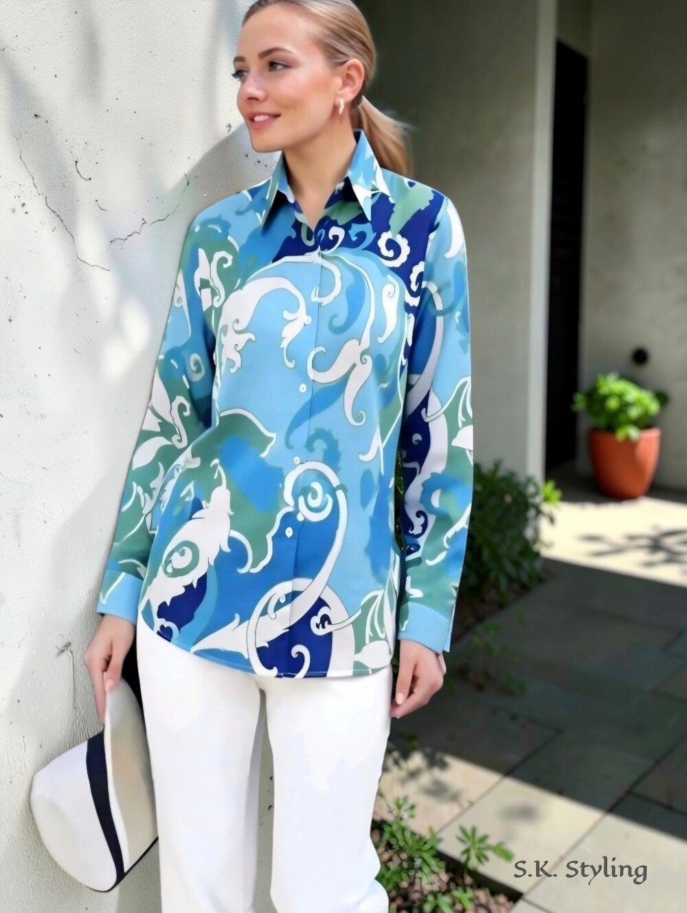 CRAIG TAYLOR Summer in the Hamptons Cotton Blouse Mia Fit XL Retro 70s Swirl